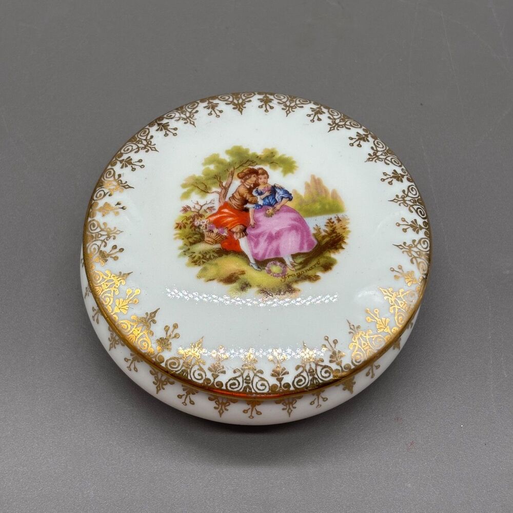 Vintage Limoges France Porcelain Trinket Box Courting Couple Gold Gilt Lid